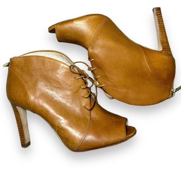 Louise Et Cie Vernonia Peep Toe Lace-Up Booties Brown Leather Block Heel Size 6 - Picture 2 of 7